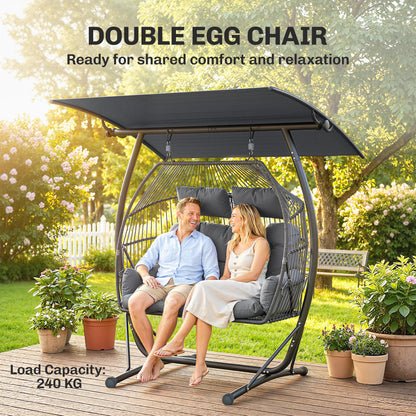 Double Hanging Egg Chair with Canopy, Rattan Garden Egg Swing Chair with Cushion, Stand for Indoor Outdoor, Dark Grey