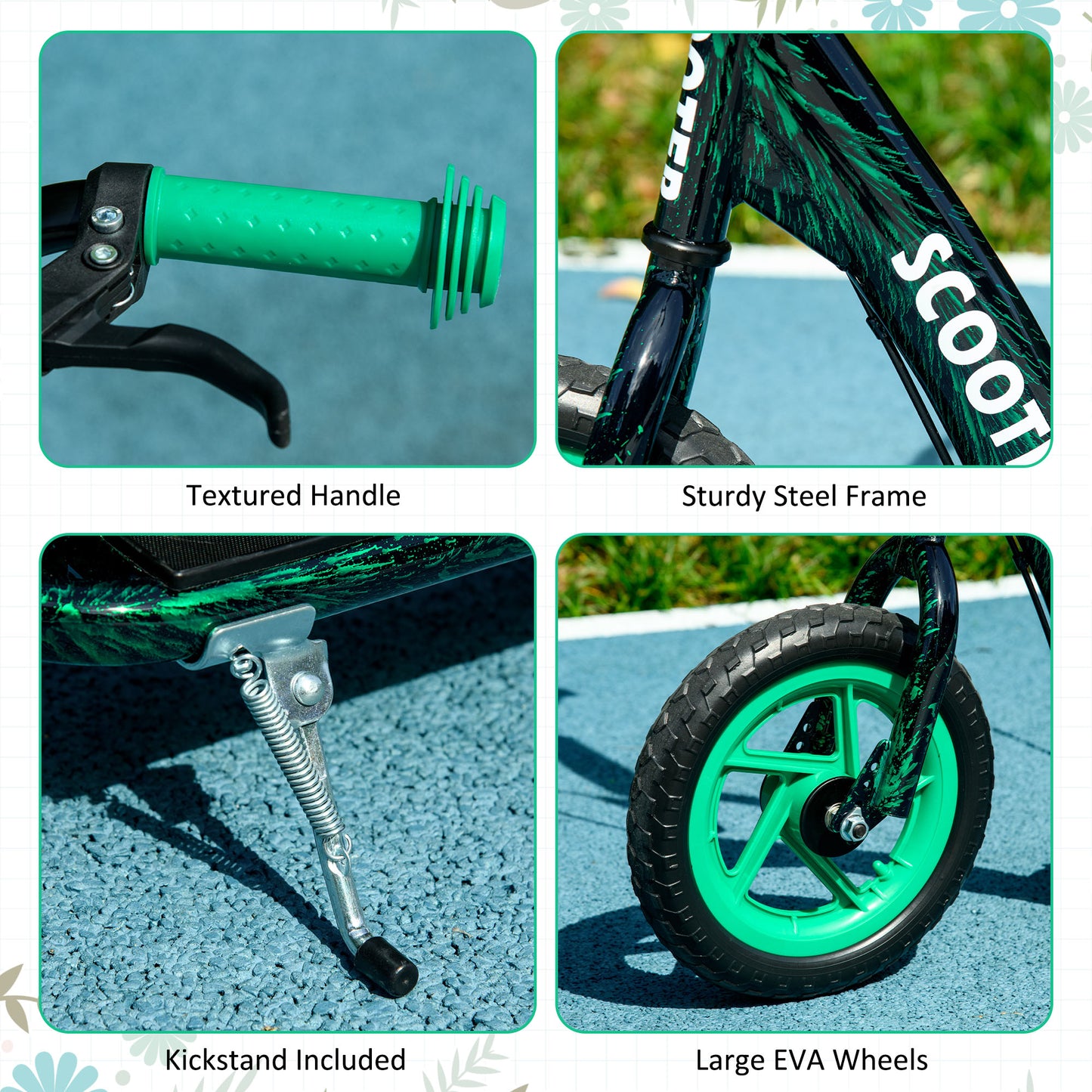 Kids Scooter with Adjustable Handlebar, Children's Kick Scooter with Non-slip Footplate, Rear Brake, Kickstand, Green