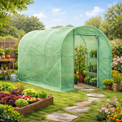 3 x 2 x 2m Polytunnel Greenhouse with Hinged Door, Walk-in Grow House Tent with PE Cover and Galvanised Steel Frame, Green