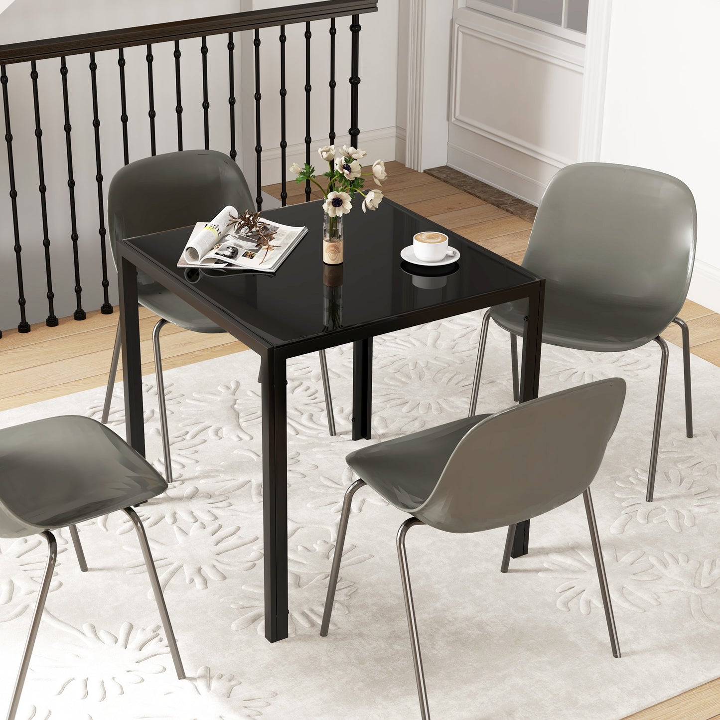 Modern Square Dining Table for 2-4 People, with Glass Top & Metal Legs, Black