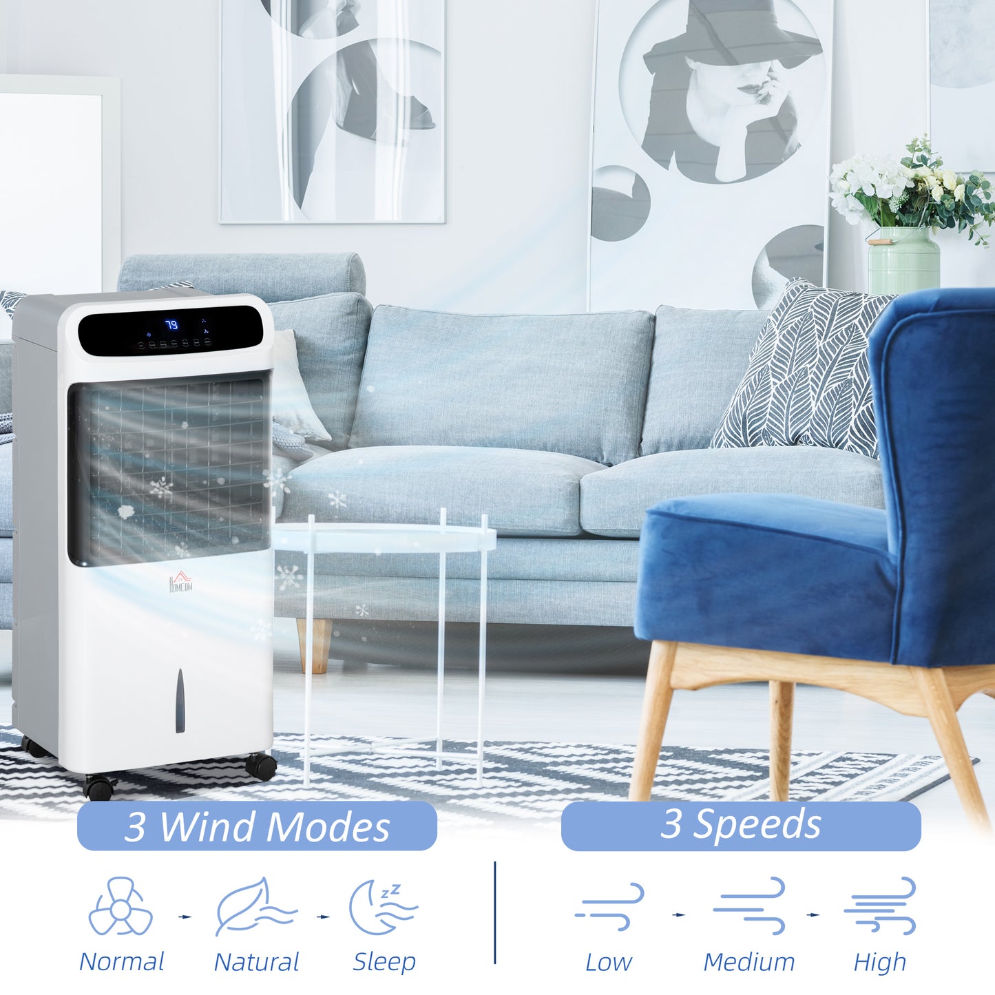 Mobile Air Cooler, 12L Tank Evaporative Ice Cooling Fan Water Conditioner Humidifier Unit with 3 Modes, 3 Speed, Remote