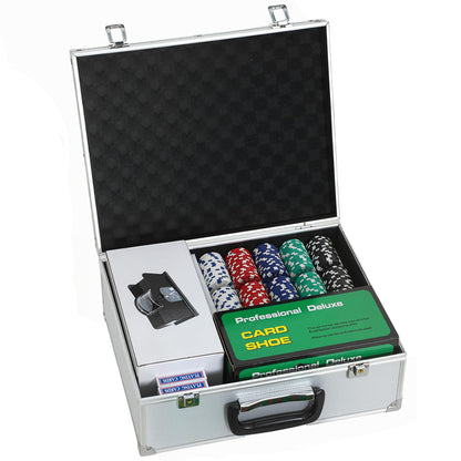300-Piece Poker Chips Set with Card Shuffler, Card Shoe, Case, Casino Texas Holdem Poker Set with Mat, Silver Tone