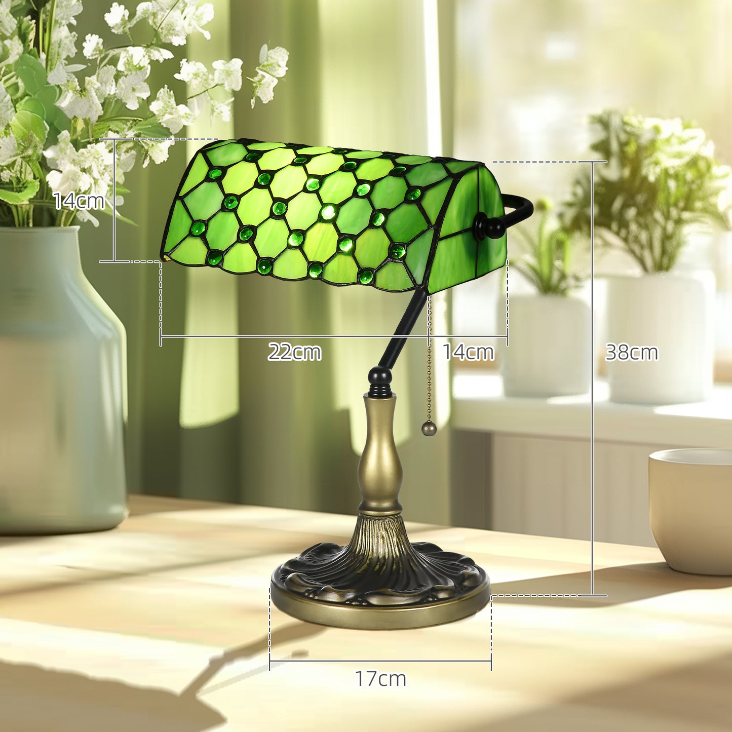 Stained Glass Table Lamp, Vintage Lamp with Green Handmade Shade, Metal Base