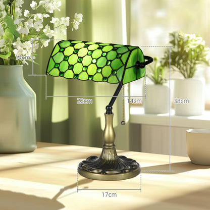 Stained Glass Table Lamp, Vintage Lamp with Green Handmade Shade, Metal Base