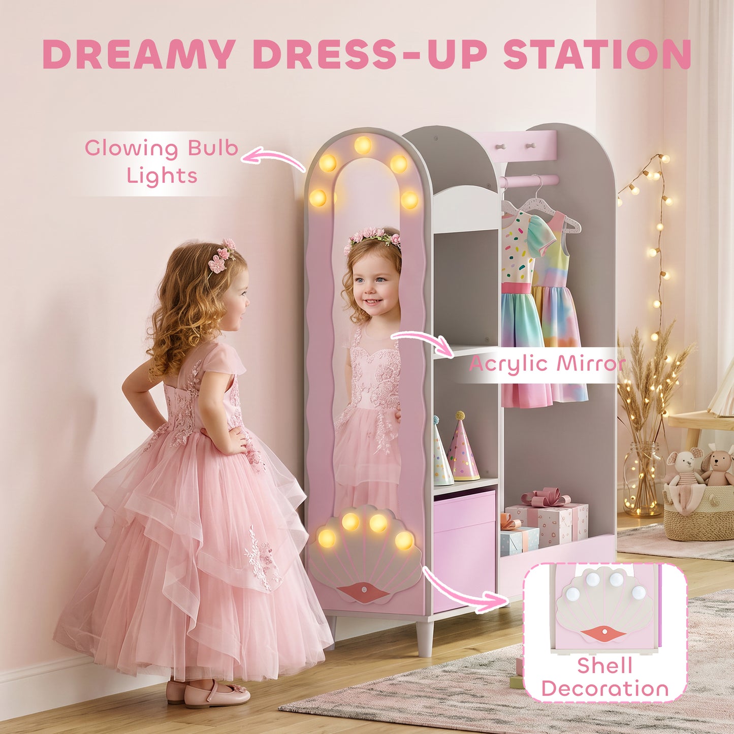 Kids Clothing Rack, Kids Wardrobe with Glowing Lights Mirror, Non-Woven Drawer and Shelves for Bedroom, Ages 3-8, Pink