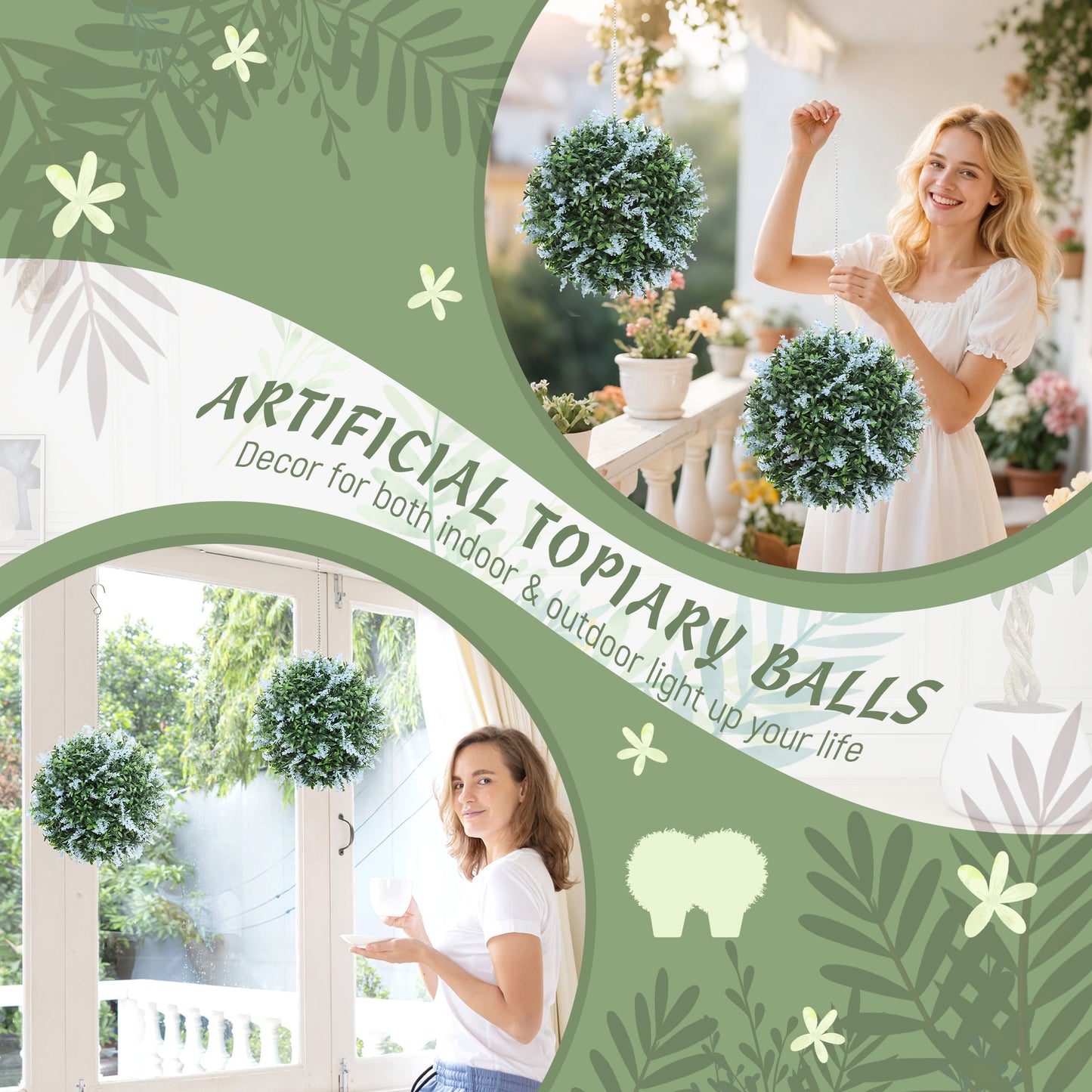Set of 2 Artificial Plant Topiary Balls, UV-protected Fake Decorative Plants, Blue