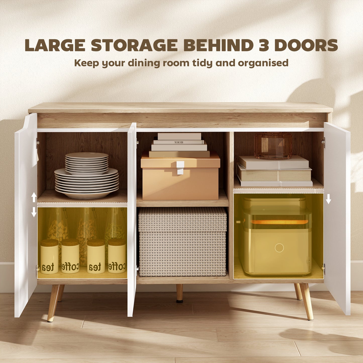 Sideboard Storage Cabinet, Kitchen Cupboard with 3 Doors, 2 Adjustable Shelves and 5 Rubberwood Legs, White and Oak