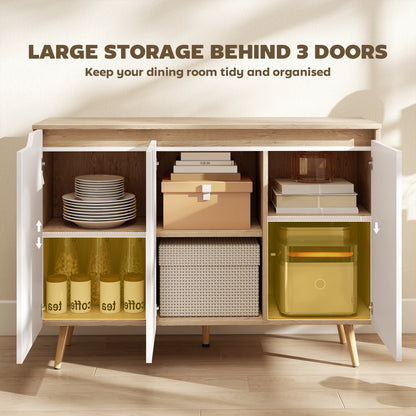 Sideboard Storage Cabinet, Kitchen Cupboard with 3 Doors, 2 Adjustable Shelves and 5 Rubberwood Legs, White and Oak
