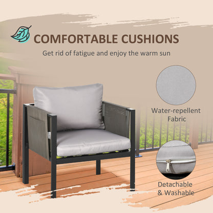 4 Piece Metal Garden Furniture Set with Tempered Glass Coffee Table, Texteline Pocket