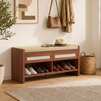 Boho Shoe Bench with 2 Rattan Drawers, Shoe Storage Bench with Cushioned Seat and Open Shelf Brown