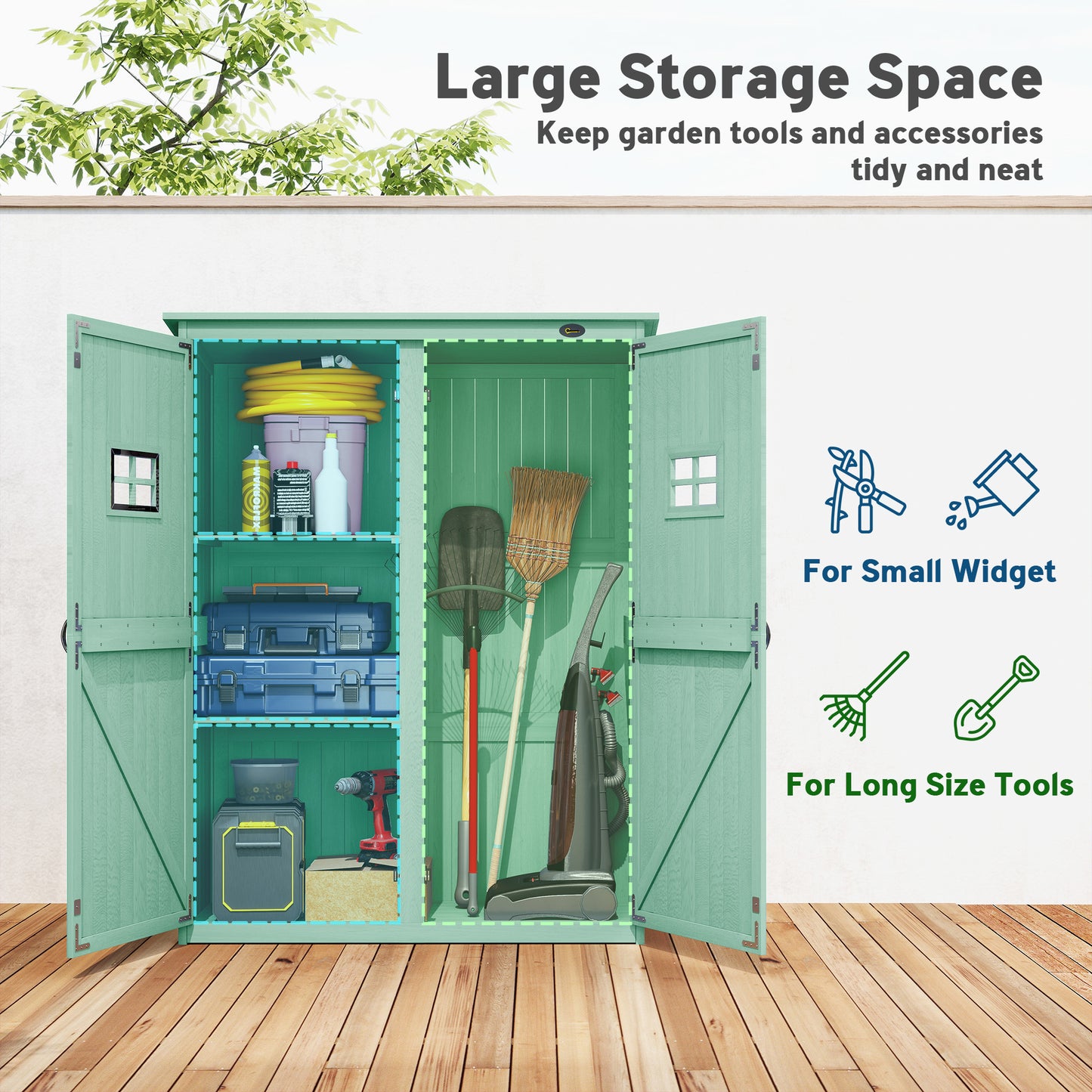 Wooden Garden Shed with Two Windows, Tool Storage Cabinet, Outdoor Double Door organiser 127.5L x 50W x 164H cm, Green