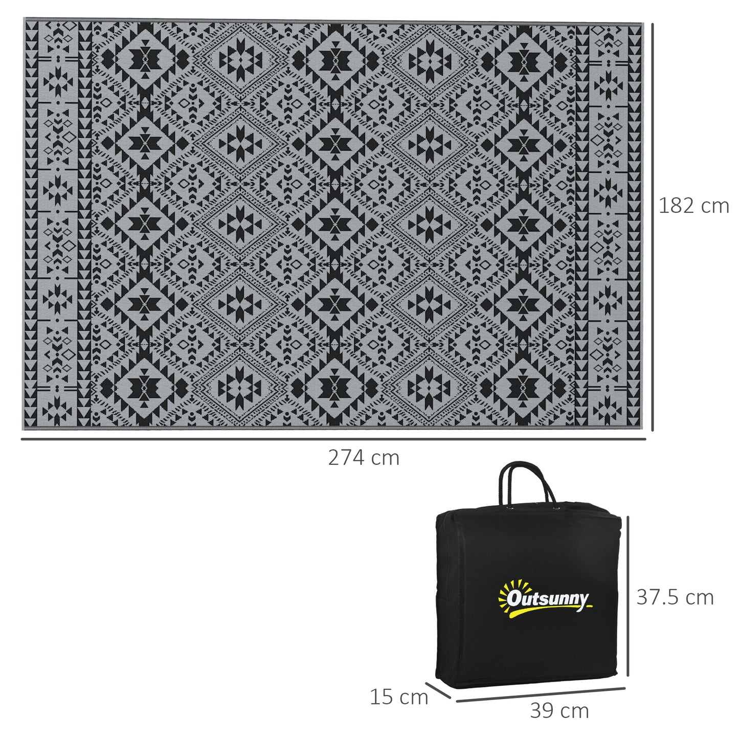 182 x 274cm Reversible Patterned Outdoor Rug, with Bag - Black/Grey