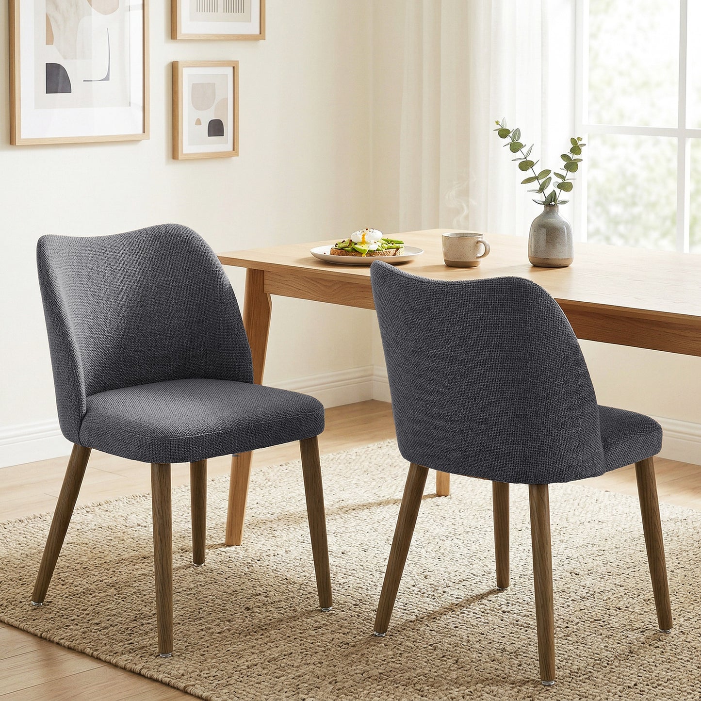 Dining Chairs Set of 2, Linen Upholstered Kitchen Chairs with Padded Seat, Curved Backrest, Rubberwood Legs, Dark Grey