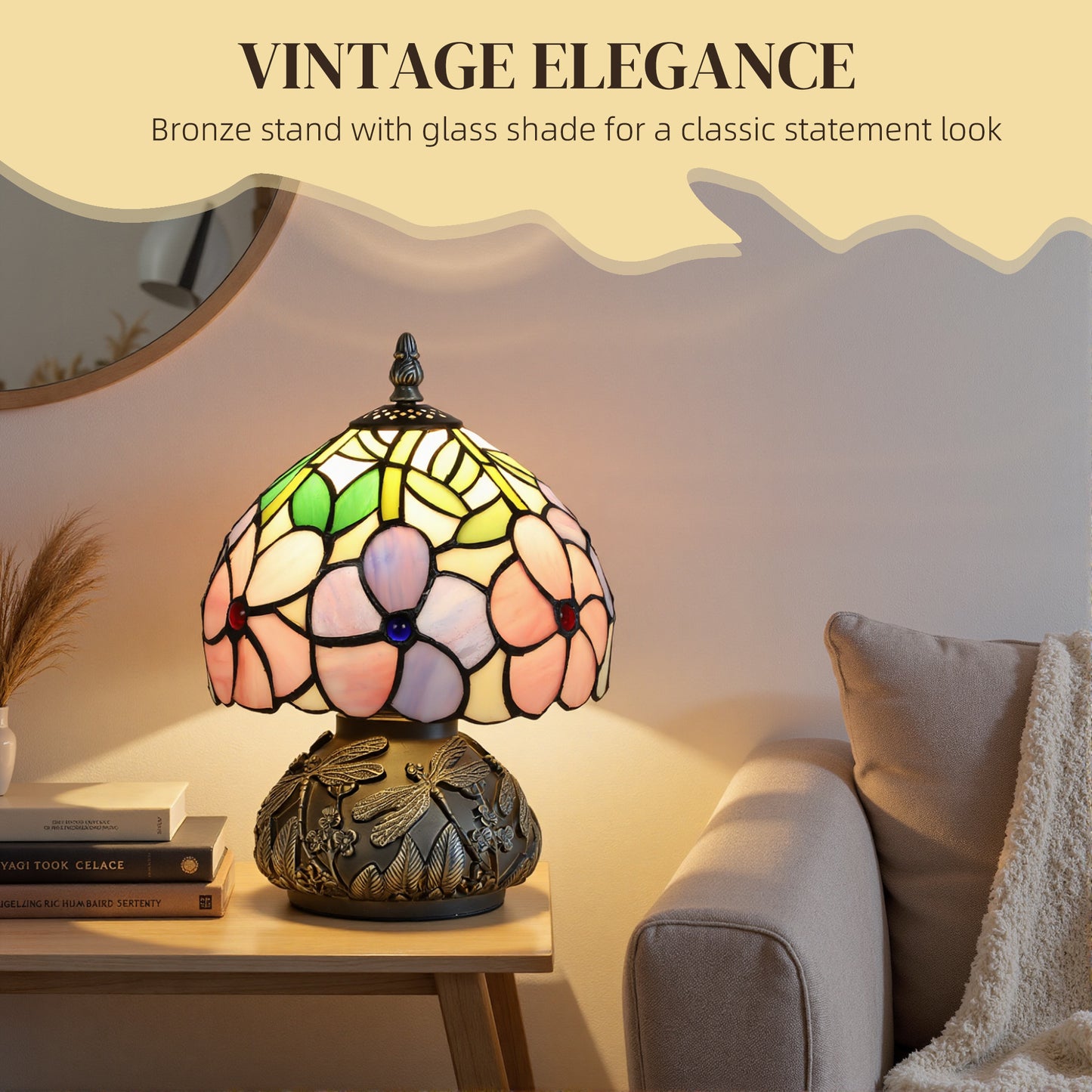 Tiffany-Style Table Lamp with Sculpted Dragonfly Base, Handcrafted Classic Stained Glass Bedside Lamp for Living Room and Bed