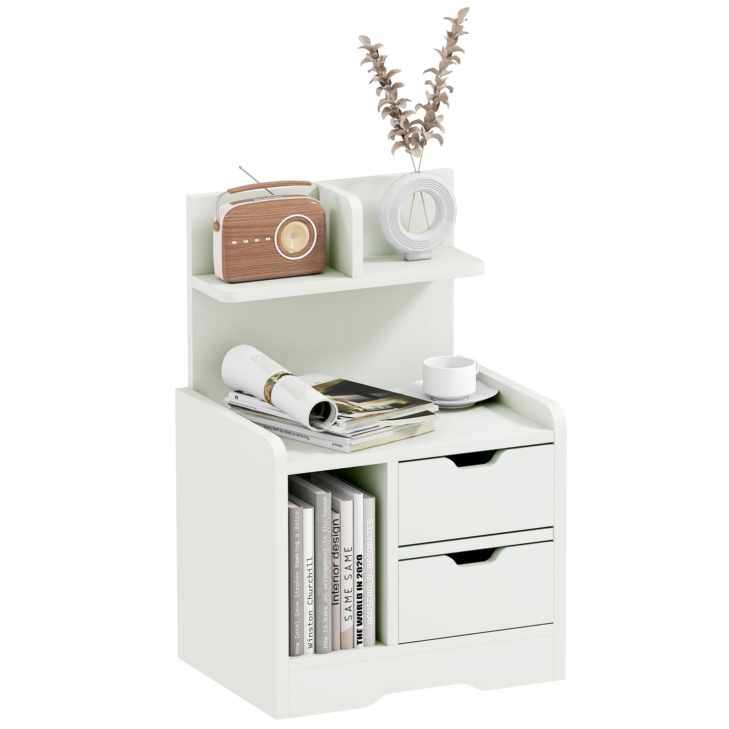 Bedside Table, Small Bedside Cabinet with 2 Drawers and Storage Shelves, Modern Nightstand for Bedroom, White