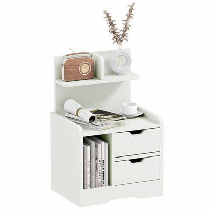 Bedside Table, Small Bedside Cabinet with 2 Drawers and Storage Shelves, Modern Nightstand for Bedroom, White