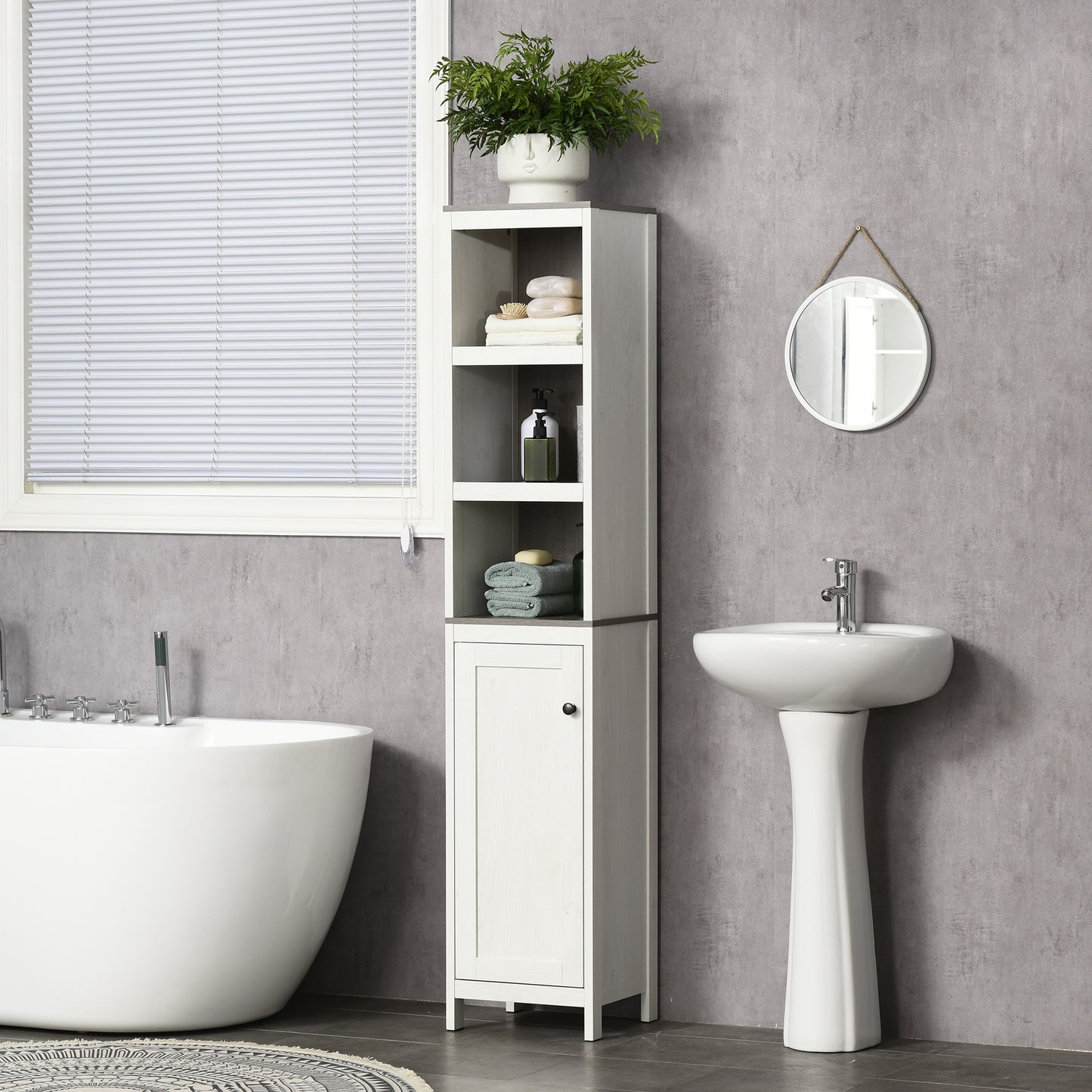 Tall Bathroom Storage Cabinet, Freestanding Tower Cabinet with 3 Open Shelves and Adjustable Shelf, Antique White