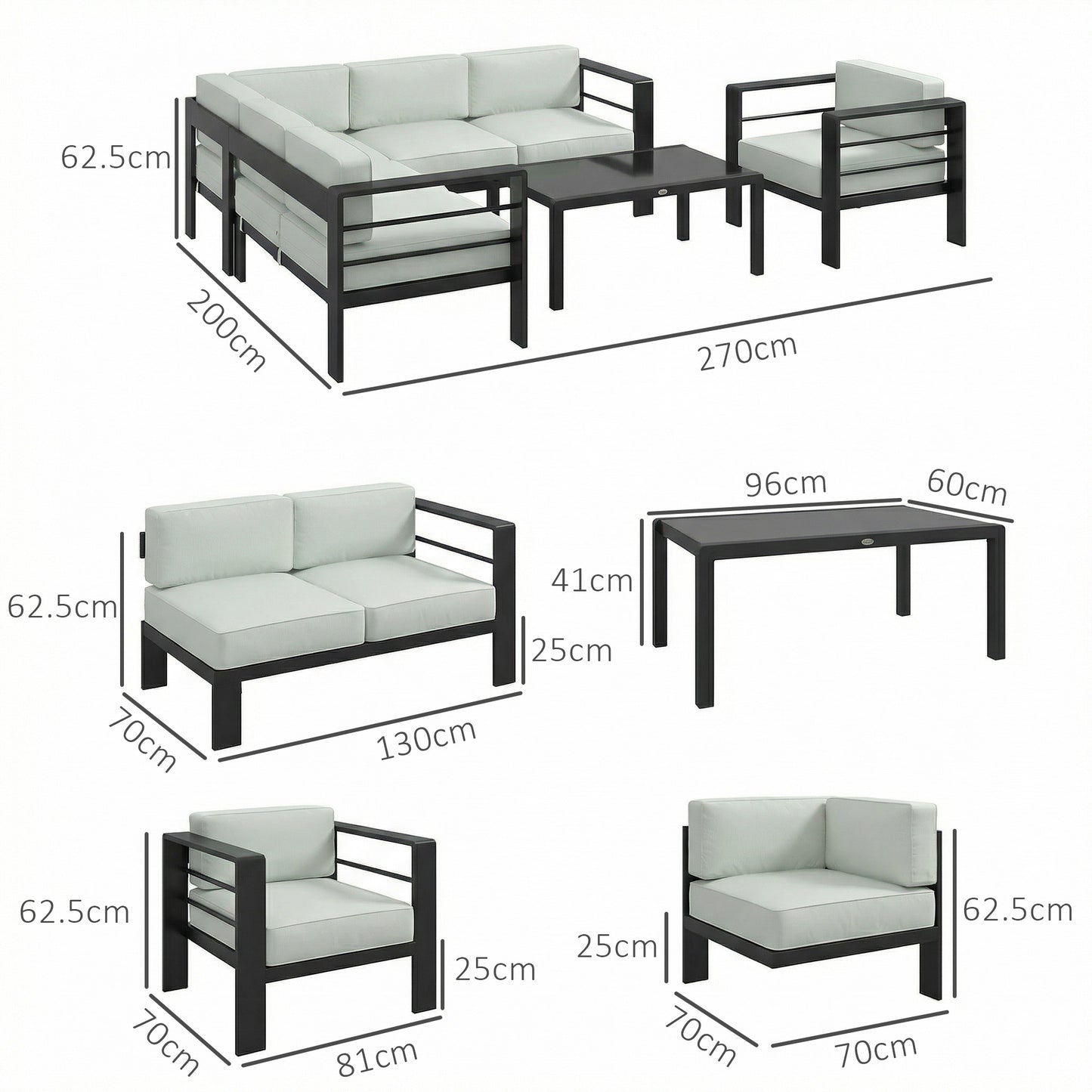 5-Piece Garden Corner Sofa Set with Cushions, 6 Seater Aluminium Garden Furniture Set with Coffee Table, Light Grey