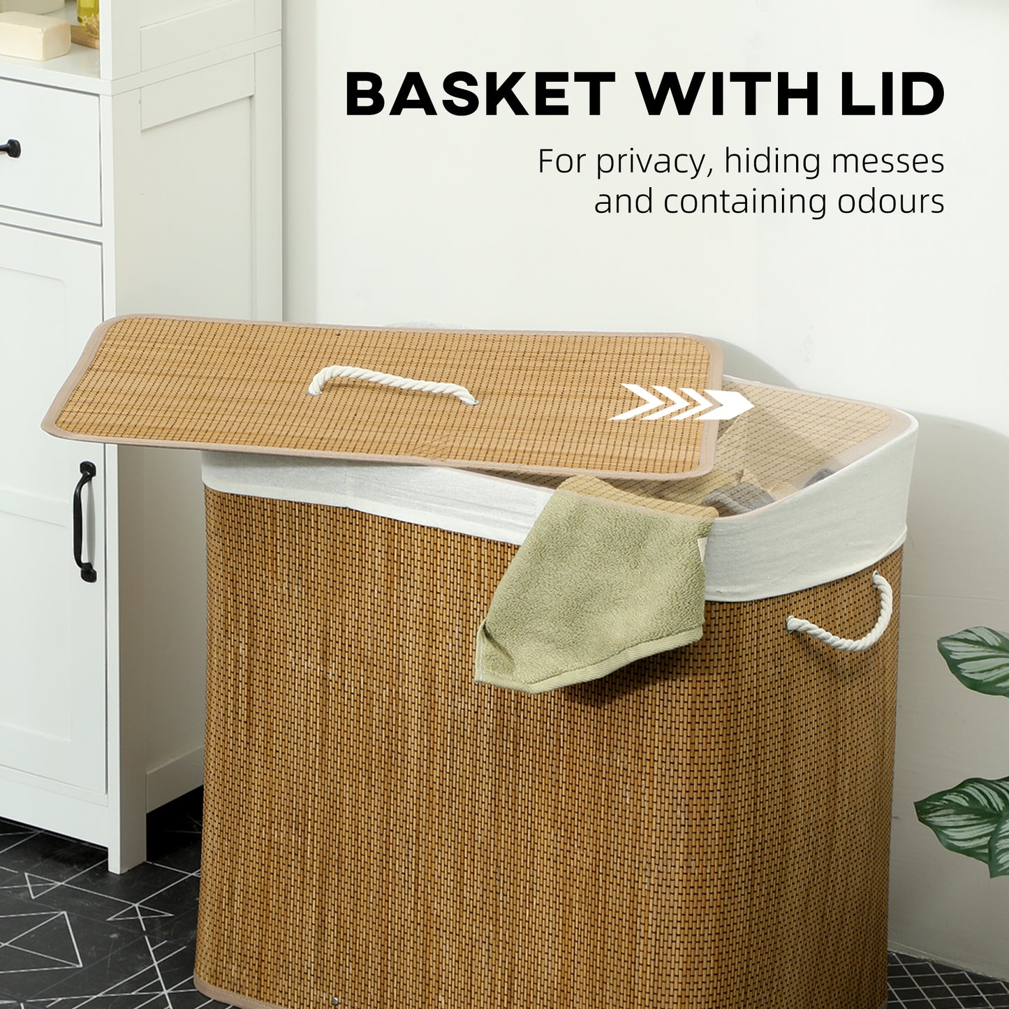 3 Section Laundry Basket with Lid, 144L Bamboo Laundry Hamper with Handles, Removable and Washable Liner, Brown