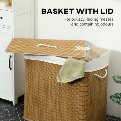 3 Section Laundry Basket with Lid, 144L Bamboo Laundry Hamper with Handles, Removable and Washable Liner, Brown