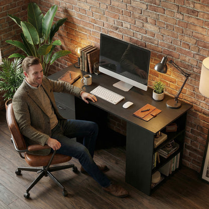 Computer Desk, Writing Table, PC Workstation with 3 Storage Shelves and Drawers, Handle, for Home Office, Black