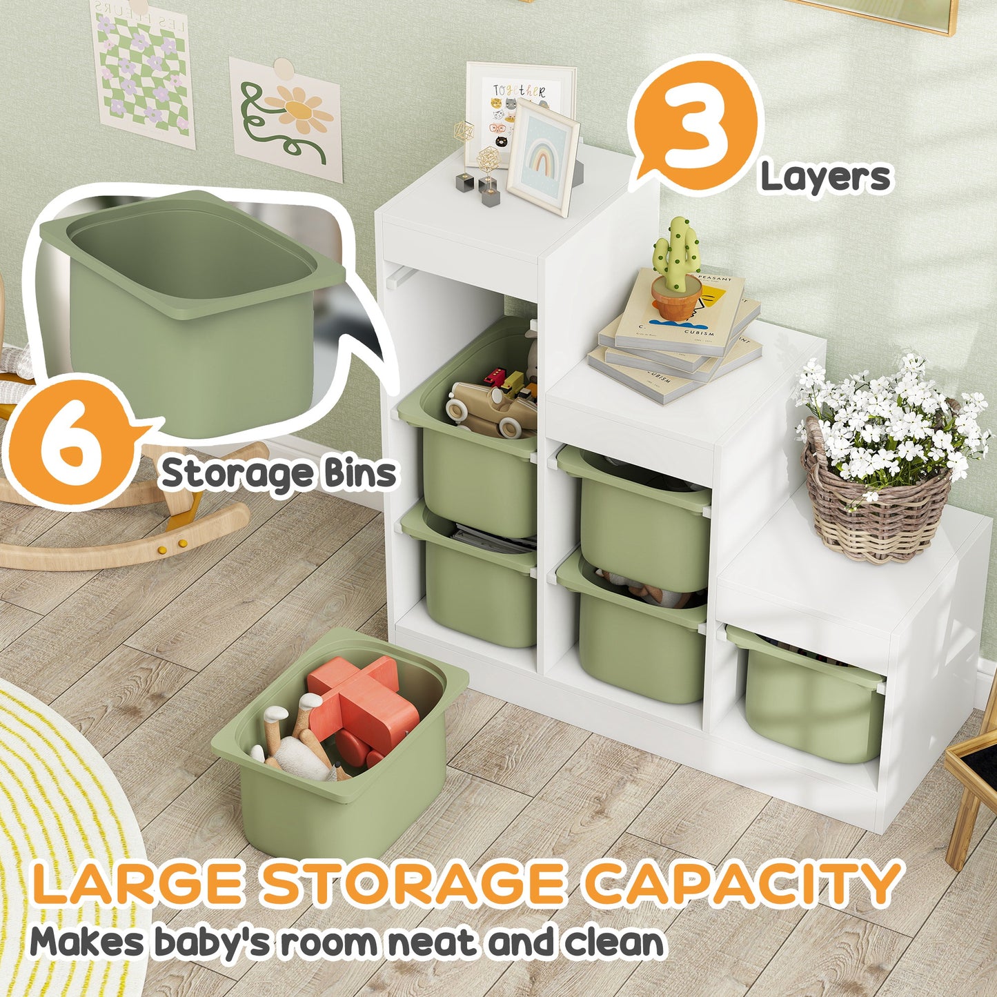 Toy Storage Organiser, Three-Layer Kids Toy Storage Units, with Removable Bins, for Ages 3-8 Years, Green