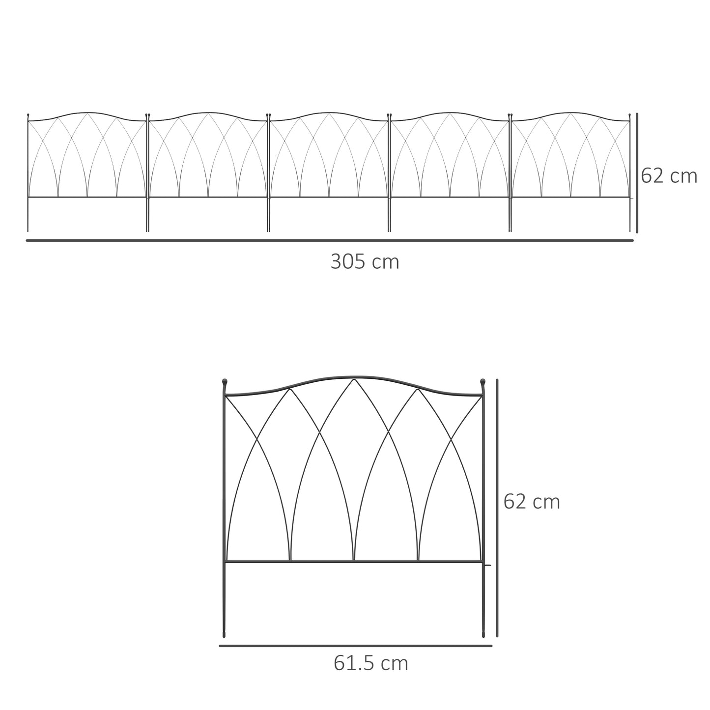 Set of Five 61.5cm Decorative Metal Fence Panels - Black