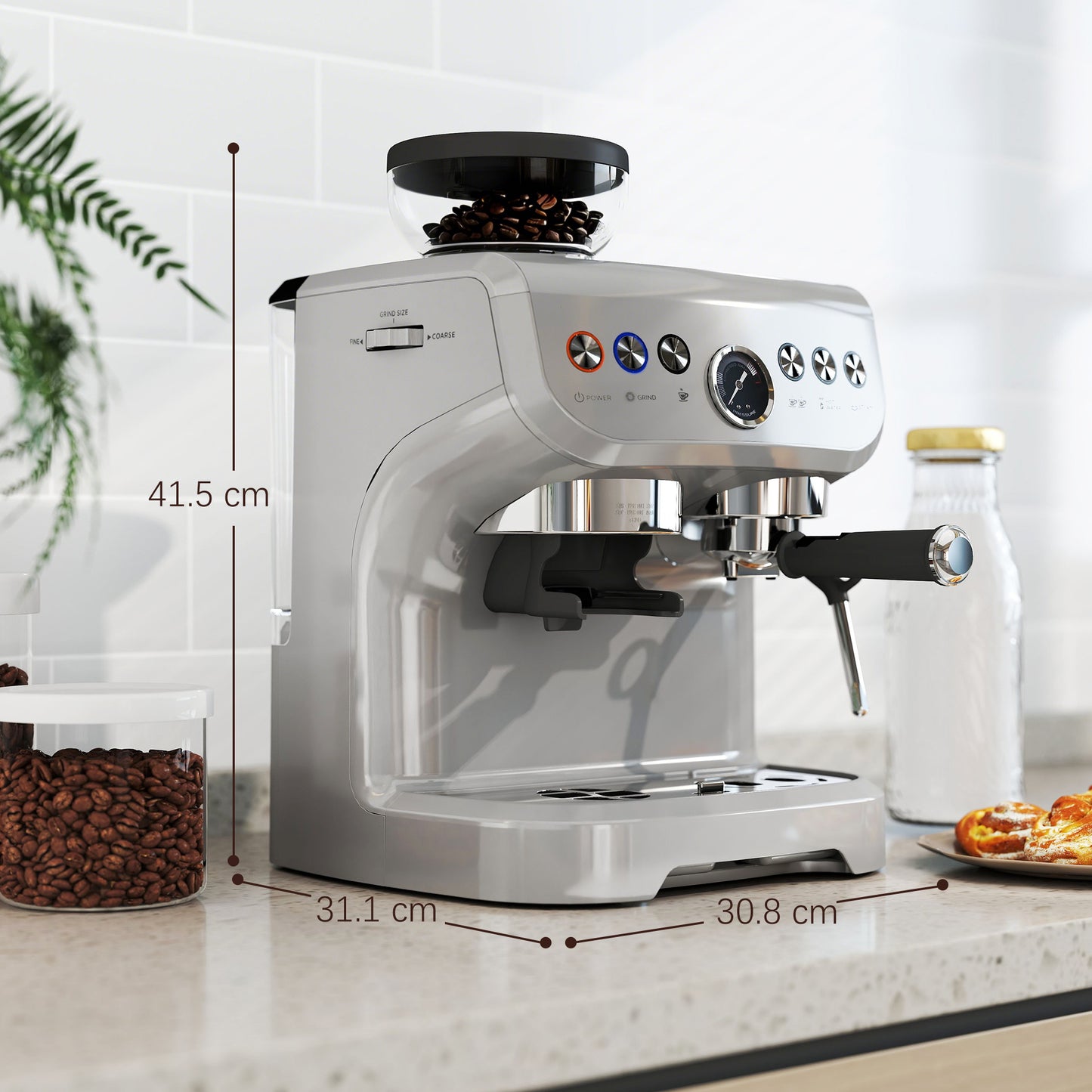 15 Bar Coffee Machine with 15 Adjustable Grind Setting, Steamer and Complete Kit - Silver Colour