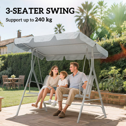 Metal Garden Swing Chair, 3-Seater Swing Seat, Patio Hammock Bench Canopy Lounger, Light Grey