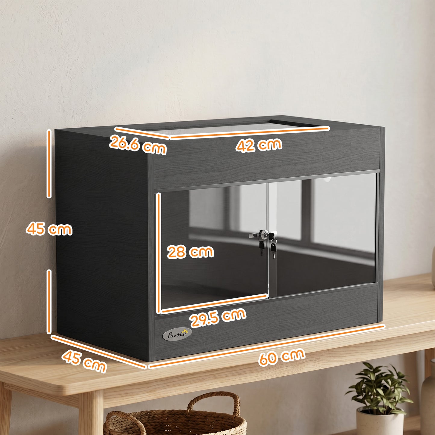 Reptile Terrarium, Reptile Vivarium with Glass Doors, Secure Lock, Top Ventilation for Snake, Gecko, 60x45x45cm, Black