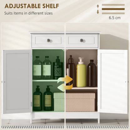 75x60cm Freestanding Bathroom Storage Cabinet Unit w/ 2 Drawers Cupboard Adjustable Shelf Metal Handles Traditional Style Whi