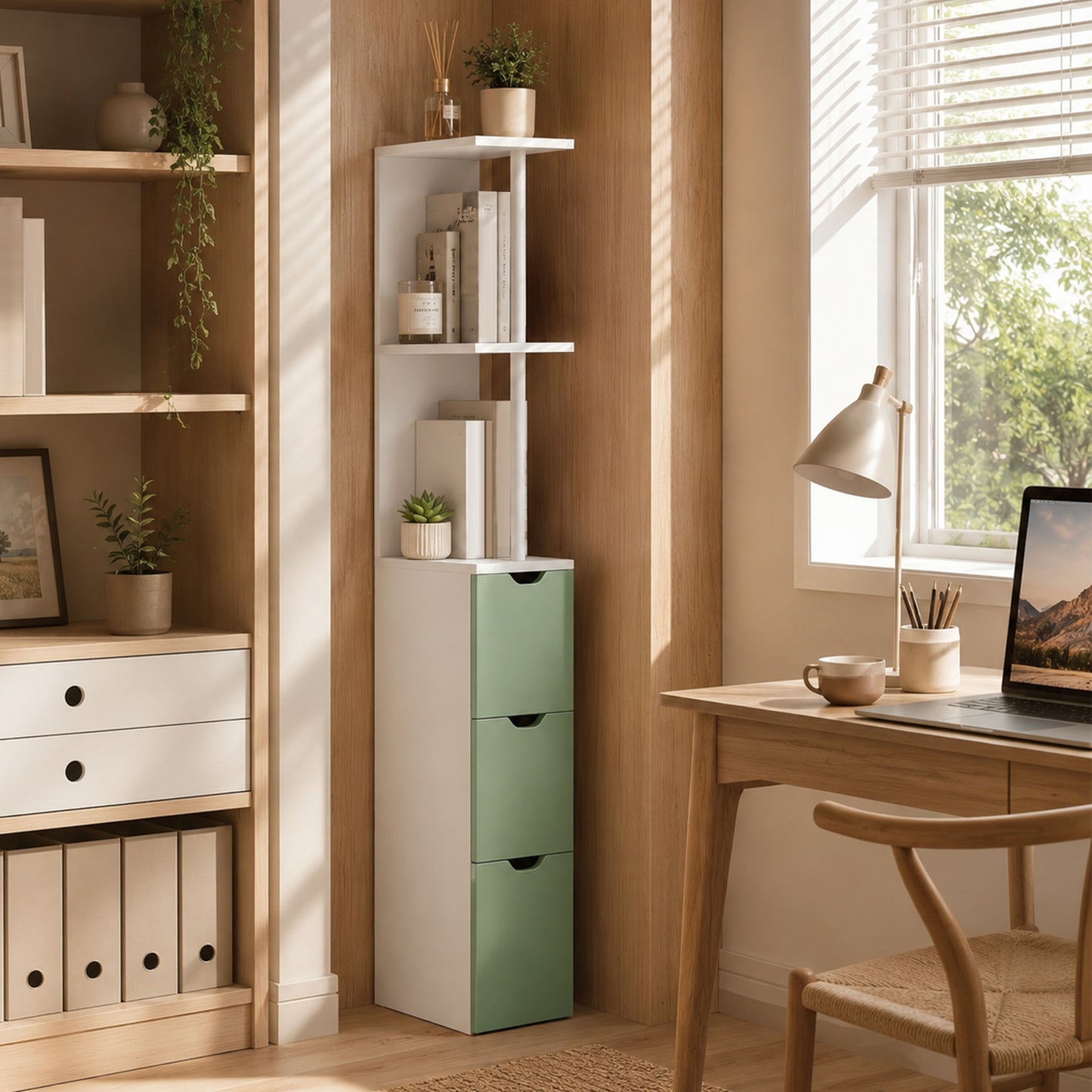 Slim Bathroom Storage Cabinet, Tall Bathroom Floor Cabinet with 2-Tier Shelf and 2 Drawers, White and Light Green