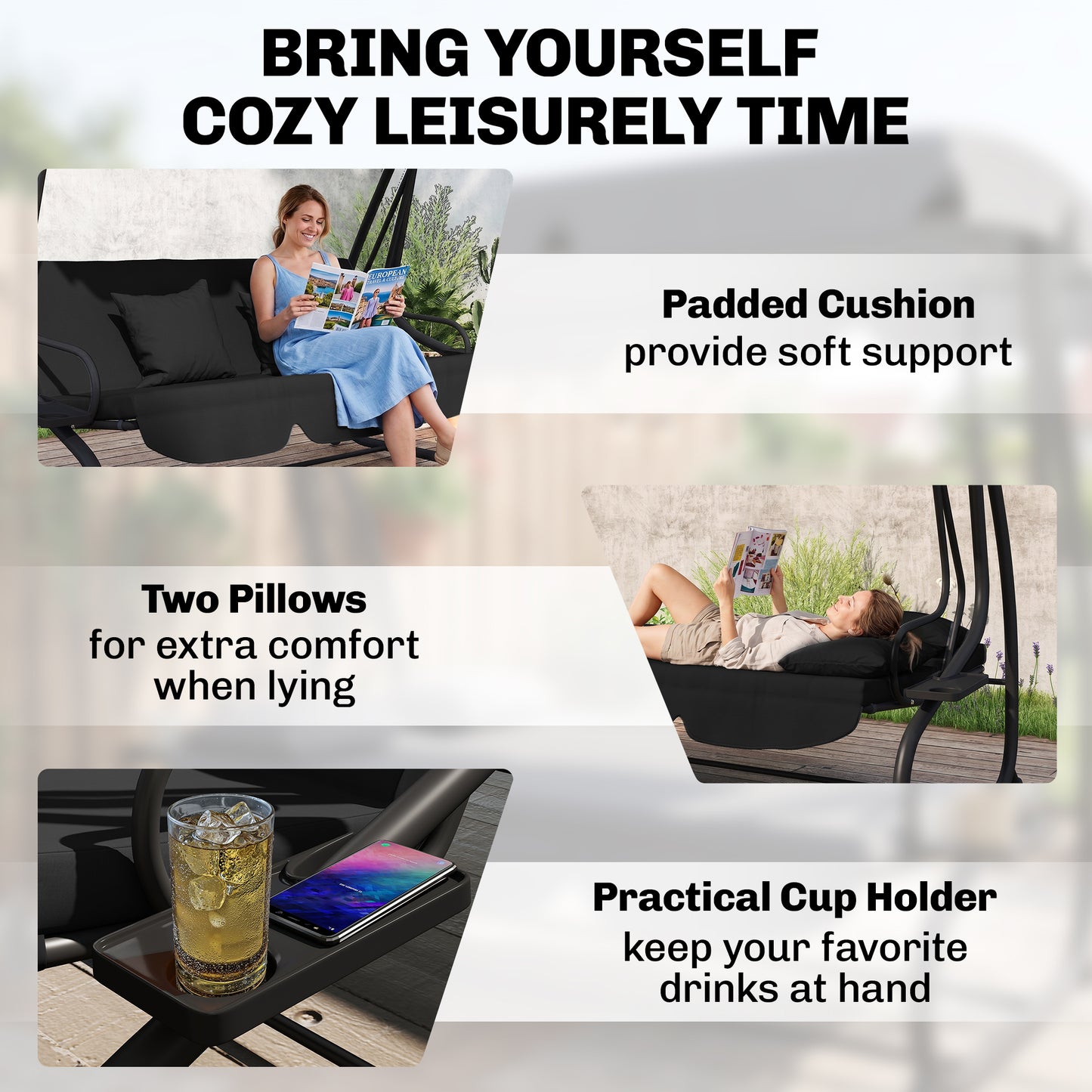 Three-Person garden Swing Chair, with Adjustable Canopy - Black