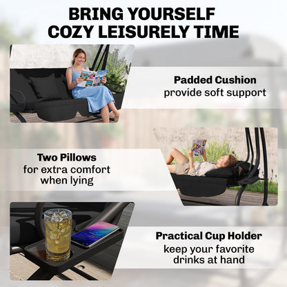 Three-Person garden Swing Chair, with Adjustable Canopy - Black
