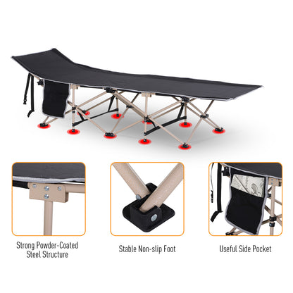 Single Person Camping Bed Folding Cot Outdoor Patio Portable Military Sleeping Bed Travel Guest Leisure Fishing with Side Poc