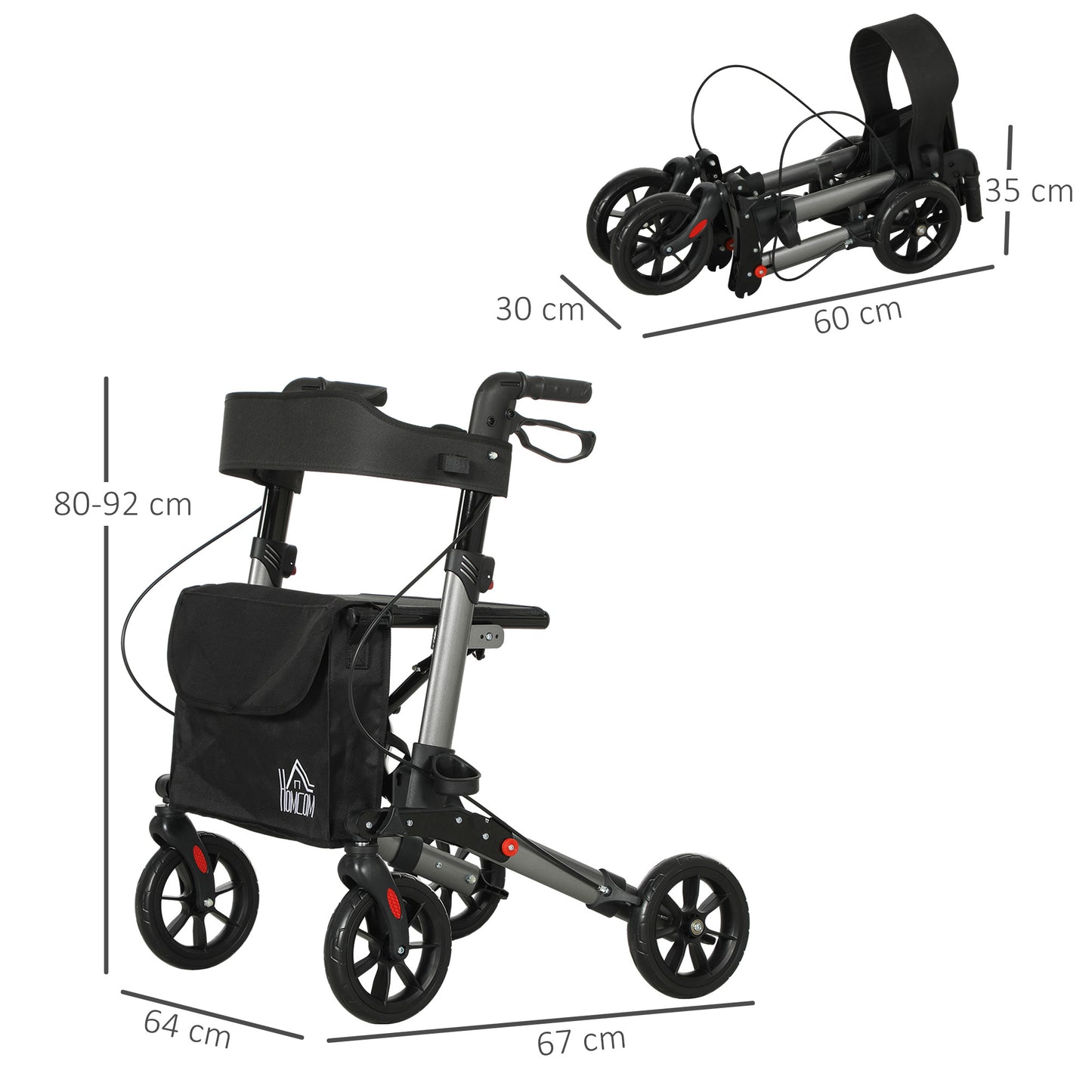Rollator Walker with Seat, Compact Quick Folding Mobility Walker with 8" Wheels, Carry Bag, Adjustable Height