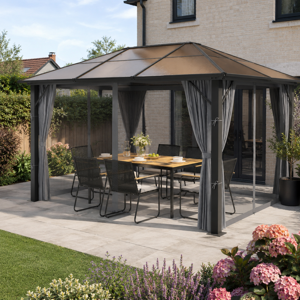 3 x 3.6m Garden Aluminium Gazebo Hardtop Roof Canopy Marquee Party Tent Patio with Mesh Curtains & Side Walls - Grey