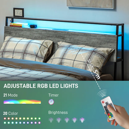 Double Steel Bed Frame, with LED Lights and Shelf - Grey