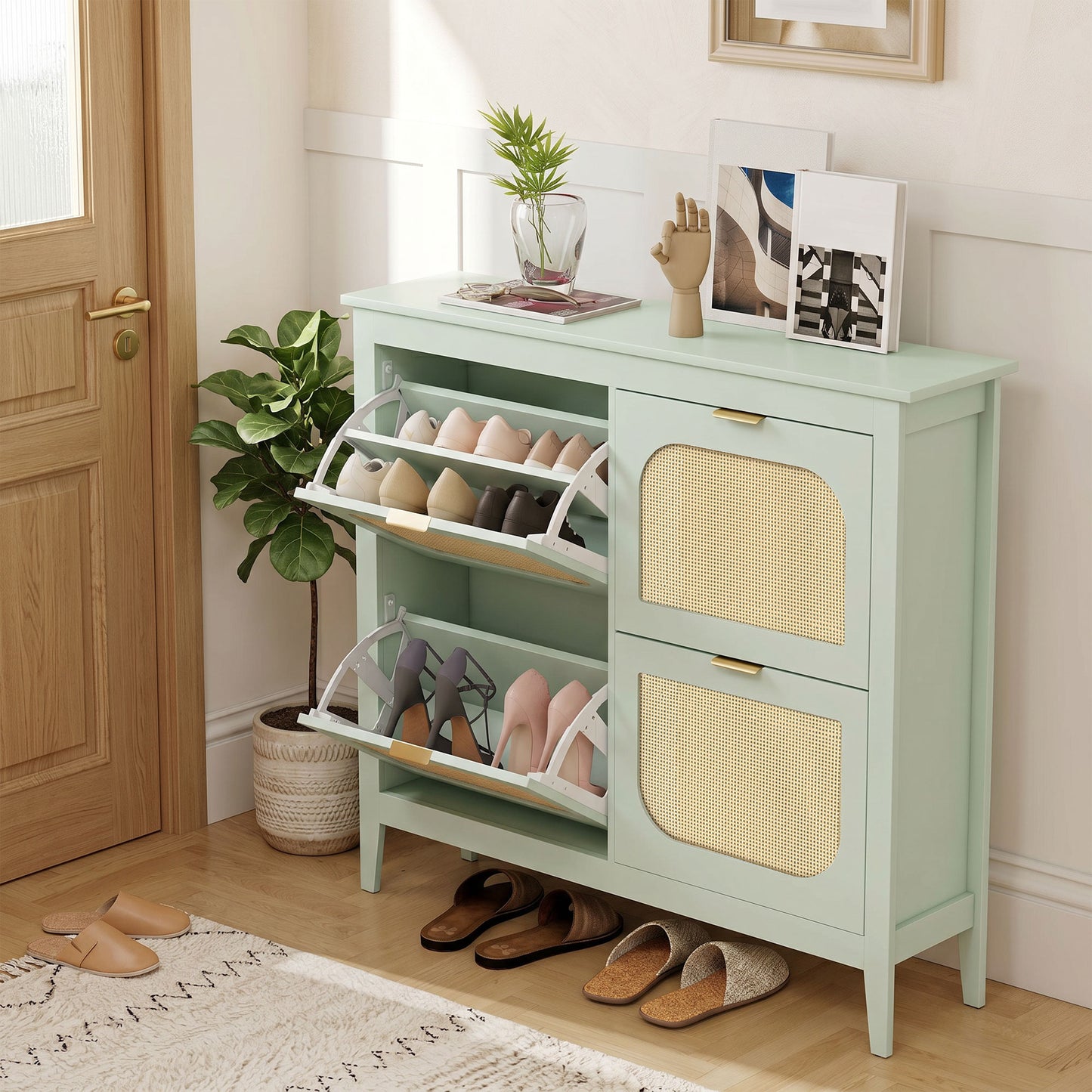 Narrow Shoe Cabinet, Boho Slim Shoe Storage Cabinet with 4 Flip Drawers, Holds 20 Pairs, Light Green