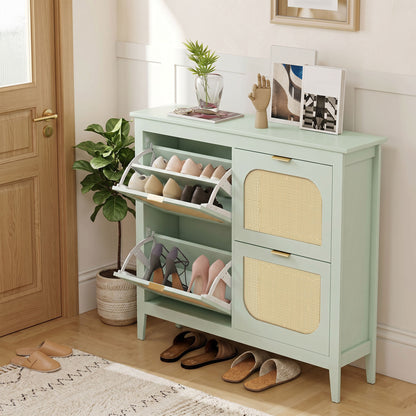 Narrow Shoe Cabinet, Boho Slim Shoe Storage Cabinet with 4 Flip Drawers, Holds 20 Pairs, Light Green