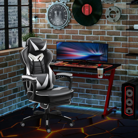 Computer Gaming Chair with Lumbar Support and Footrest - Black / White