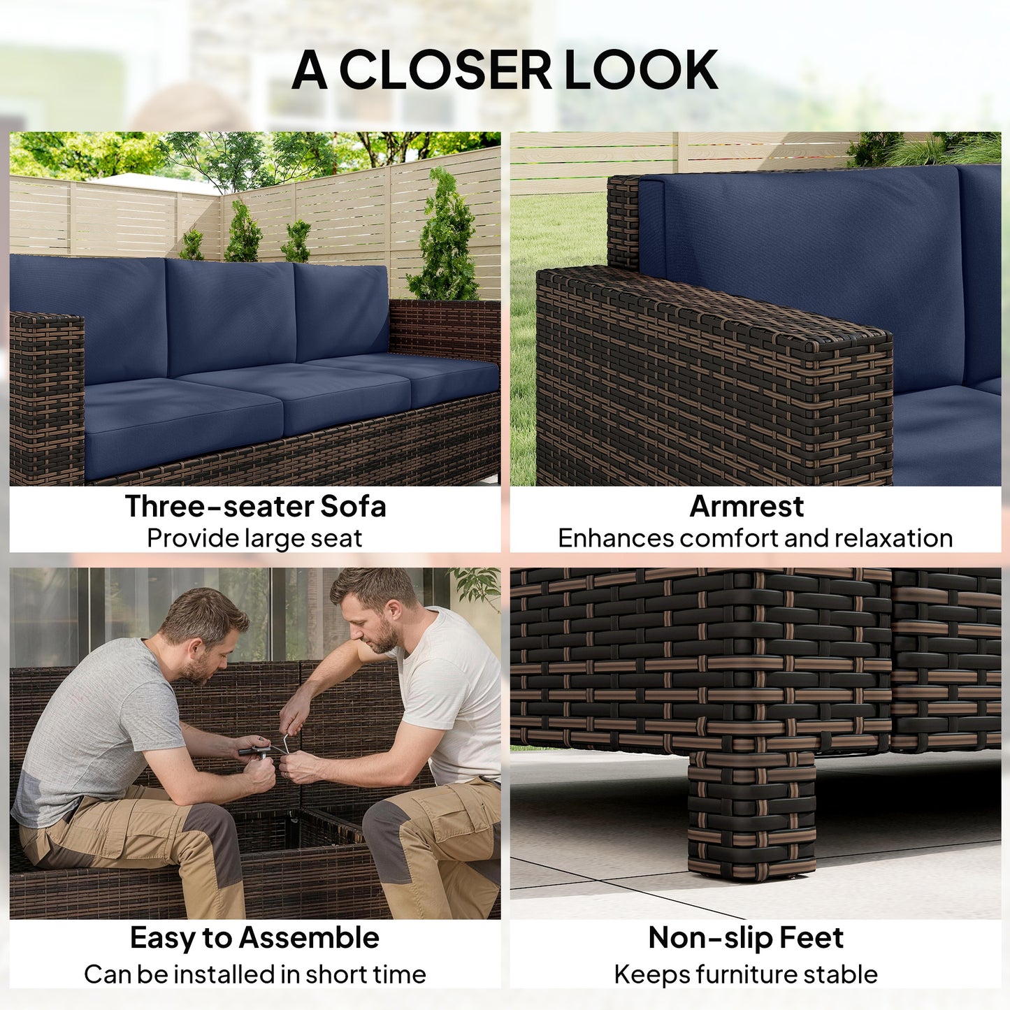 3-Seater Weather Resistant Outdoor Garden Rattan Sofa Dark Blue