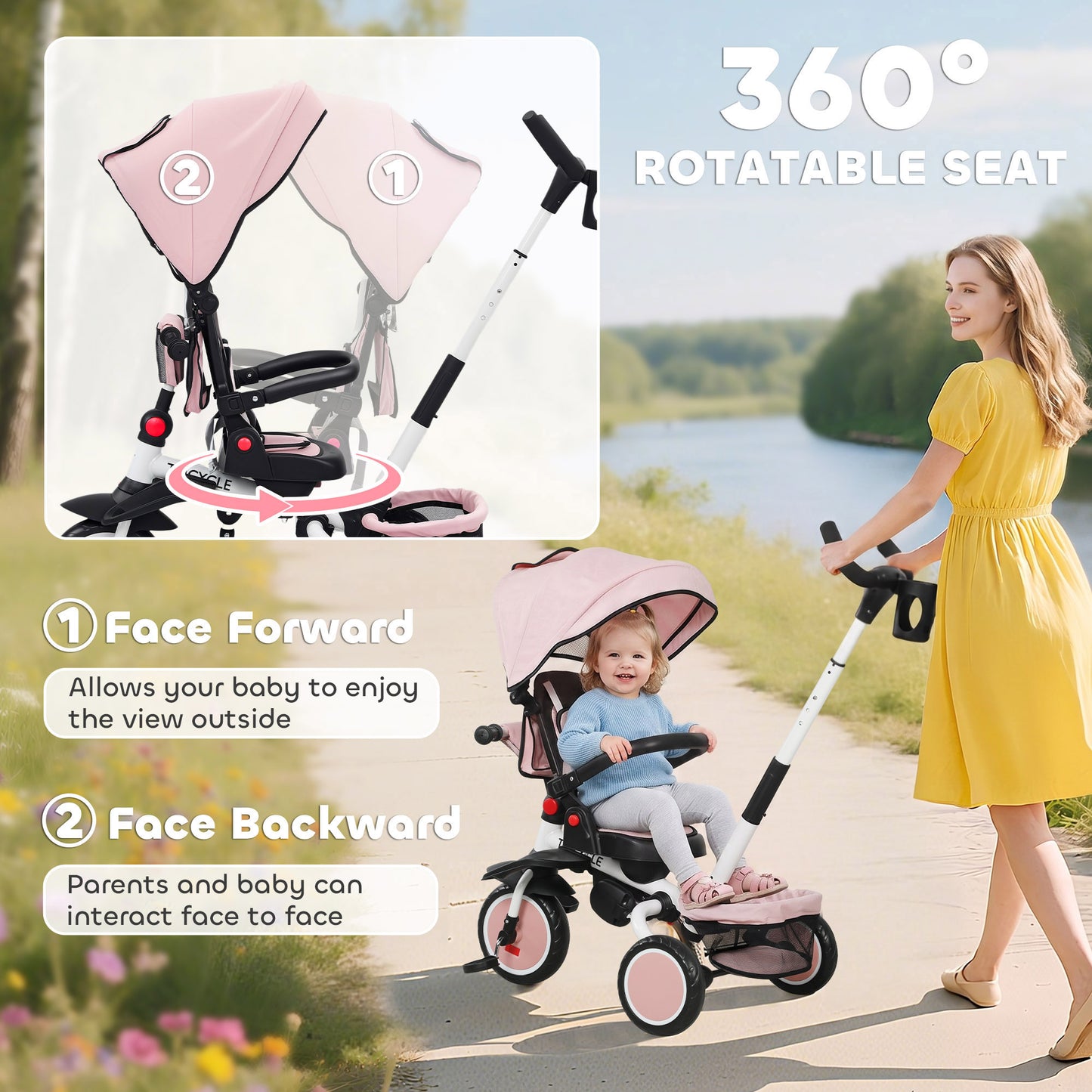 6 in 1 Foldable Kids Trike with Adjustable Parent Handle & Canopy for Ages 1-5, Pink