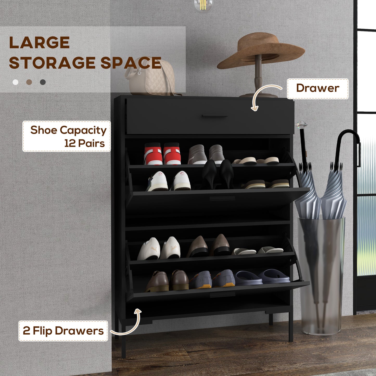 Three Drawer Slim Shoe Storage Cabinet, 12 Shoe Pairs - Black