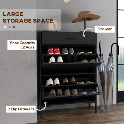 Three Drawer Slim Shoe Storage Cabinet, 12 Shoe Pairs - Black