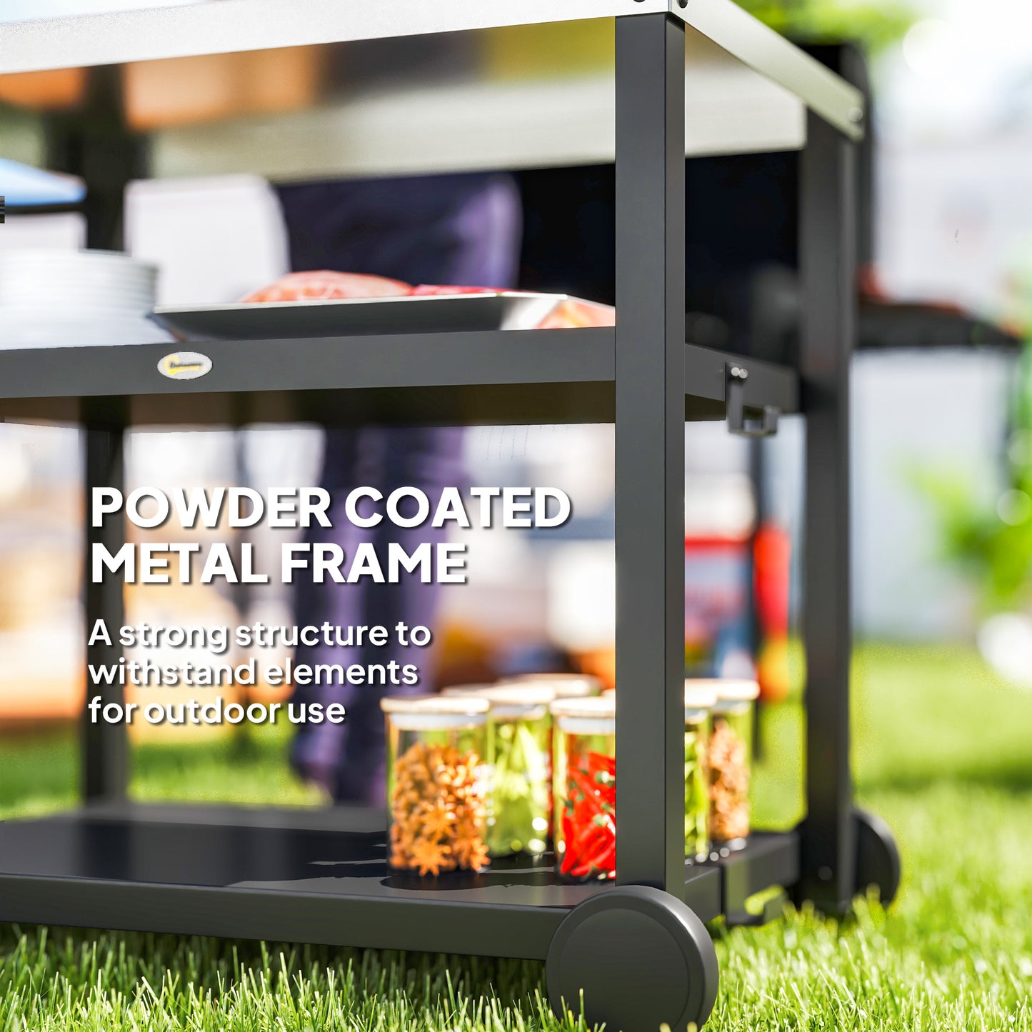 Outdoor Grill Dining Cart 3-Shelf Movable Pizza Oven Table Stand with Stainless Steel Top