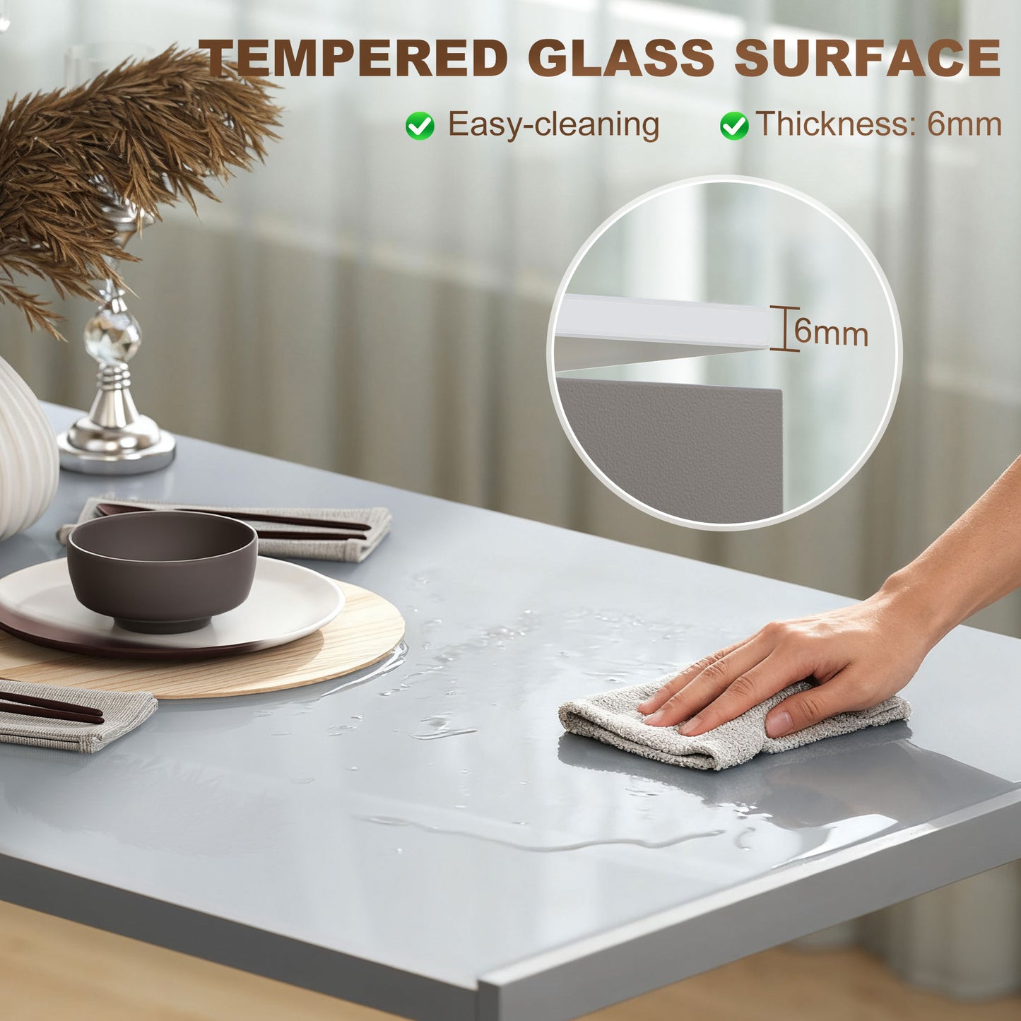 120cm Dining Table, Rectangle 4 Seater Kitchen Table with Tempered Glass Top and Metal Legs, Grey