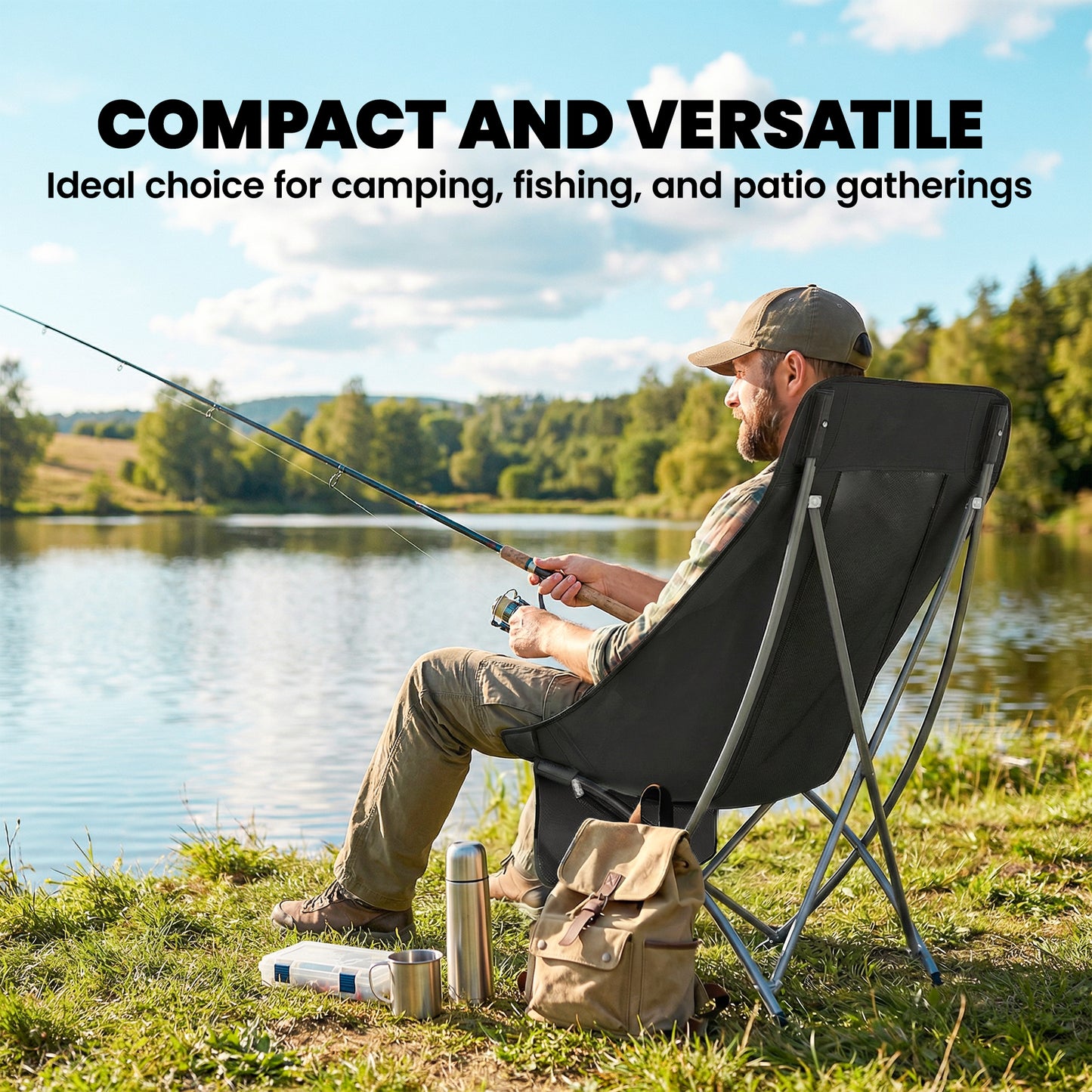 Camping Chair for Adults Heavy Duty Folding Camp Chair with Side Pocket and Carry Bag Black