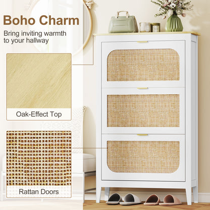 Narrow Shoe Cabinet, Boho Slim Shoe Storage Cabinet with 3 Flip Drawers, Holds 21 Pairs, White