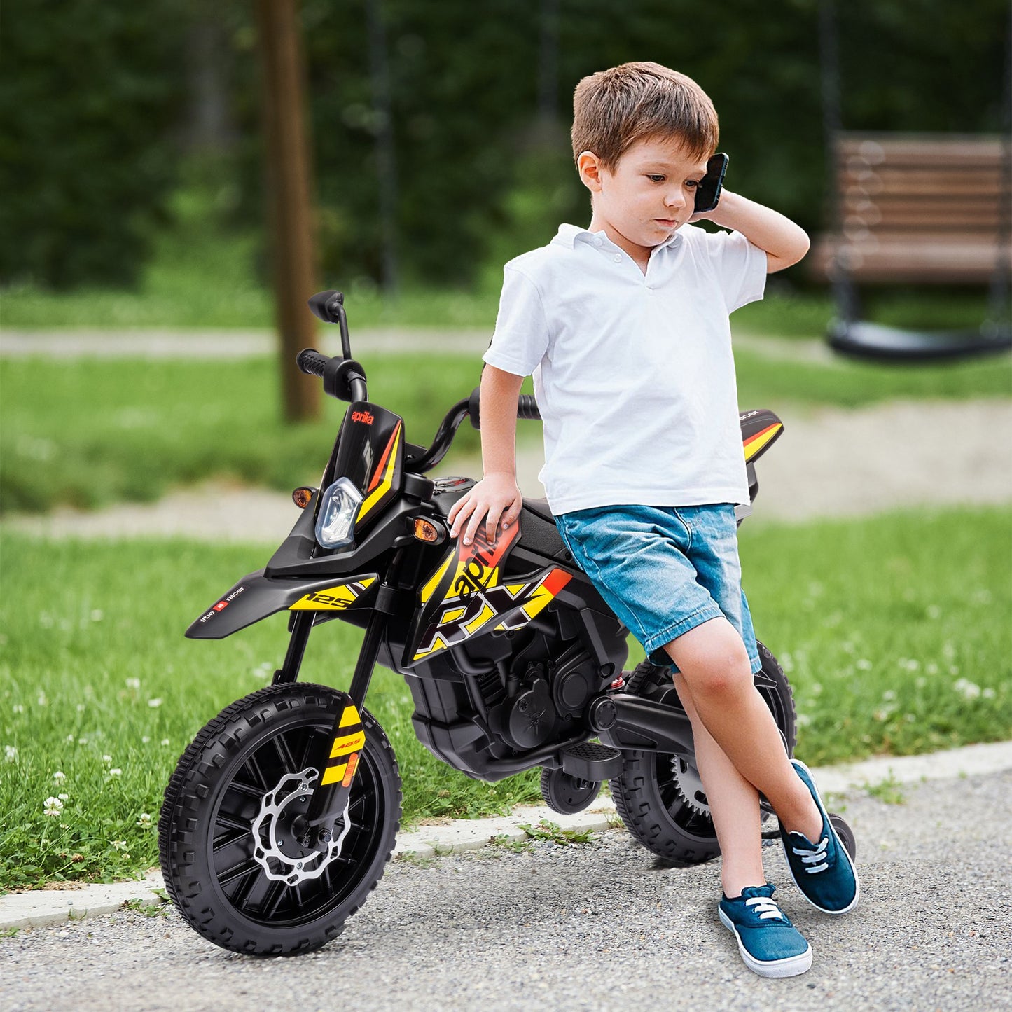 12V Aprilia Licensed Kids Motorbike with Training Wheels, Spring Suspension, LED Headlight, USB, Music, Yellow/black